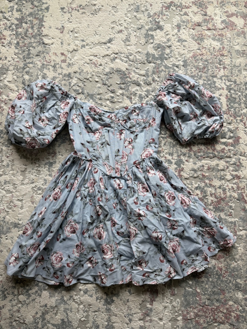 Bardot Light Blue Floral Puff Sleeve Dress
